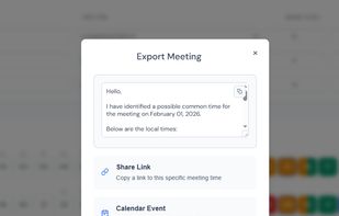 Export options popup: copy meeting message, share link, or download .ics calendar event
