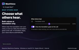 Choose what others hear: original and translated voice, or translation only — interface demonstration.