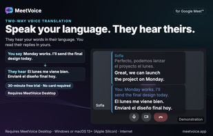 Two-way voice translation in Google Meet — demonstration with a fictional conversation.