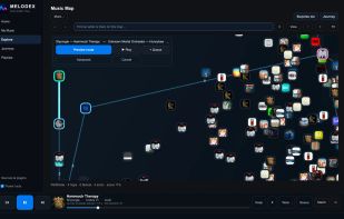 Explore your music collection as an interactive map of tracks and connections. Zoom, navigate between clusters, discover related songs, and plan listening journeys through your library.
