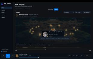 Experience music through interactive visualizations. Constellation displays related tracks as explorable nodes, allowing you to discover connections and queue music while listening.