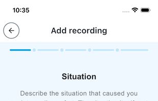 Record a CBT thought record by voice — press the red button and describe the situation that triggered anxiety. On-device AI captures it; no typing in the moment.
