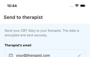 Export your CBT diary to your therapist's email in one tap, encrypted with AES-256. Pick a date range; sessions start prepared instead of recalling the week from memory.
