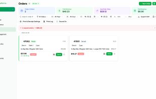 Restaurant order dashboard with revenue metrics, filters, order status and receipt printing.