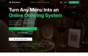 Official MenuForma homepage highlighting QR menus, online ordering, multilingual support and the free plan.