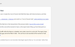 What you see before the Cost of Goods Sold feature is switched on: the three steps to turn it on, and the warning that orders placed while it is off record no cost at all — a gap that cannot be filled in later.
