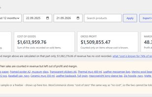 The report for the period you pick: revenue, cost of goods, gross profit and margin. The line under the cards says how much of that revenue has a cost recorded at all, and the products that have none are listed by name, with links straight to them.