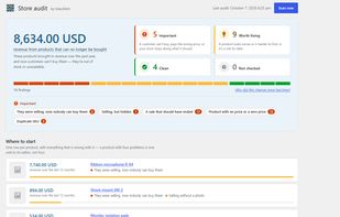 The top of the audit screen: the revenue from products that can no longer be bought, the checks counted by group, and where to start - the three products with the most money at stake, one row per product with everything that is wrong with it.