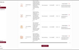 Review and edit every pin in your bulk upload in one table, with a title, description, link, date, time, and boards for each, then schedule them all with one click.