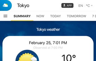 Overview – A summary of the weather now, today, tomorrow, and the nearest hours and days.