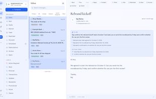 Unified inbox with labels and mailboxes in the sidebar. The open message has an AI summary at the top, listing its key points and action items.
