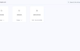 Drive file browser on S3 storage, in grid view, with pinned folders, search, new folder and upload.
