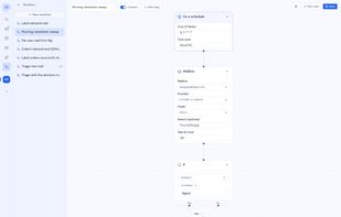 Workflow builder: a scheduled automation that checks the inbox each morning and labels newsletter digests. The steps are a schedule trigger, a mailbox, an If condition and Apply label.