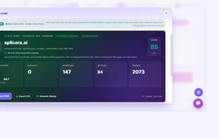 Site Audit: full technical crawl with health score, critical issues, warnings and Core Web Vitals, exportable to PDF, Excel, CSV or JSON.