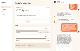Diary page and an example of Sophia replying to a users question about calories burnt during swimming