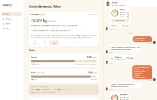 Diary page and examples of logs (meal and weight)