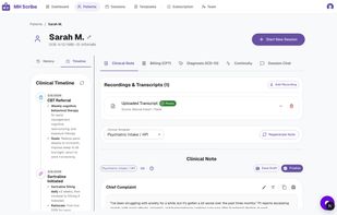Clinical note with AI-built timeline of medications and treatment goals.                