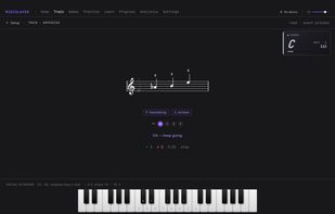 Arpeggios mode: the chord tones appear on the staff with fingering, you play them in order, and each note lights up as it arrives from the keyboard. Ascending, descending or both, one or two octaves.