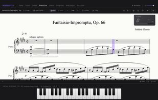 Chopin's Fantaisie-Impromptu, both hands, in Wait mode. One of the four pieces playable in the free version; the full library is 69 public-domain scores plus your own MusicXML.