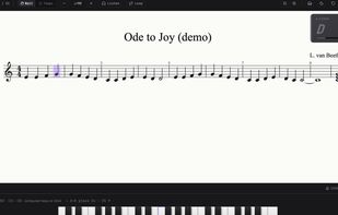 Practice mode: Ode to Joy in Wait mode. The score holds on the highlighted note until you play it; the combo meter top right rewards clean runs.
