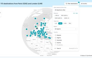 Filter results by region, countries, distance and flight time
