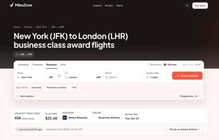 Route page with the cheapest award seat right now