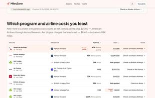Every program's price in miles and cash fees for the same route