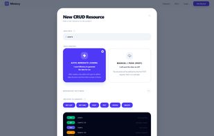 CRUD resource creation modal: populate it manually via POST request by pasting a JSON body, or generate data automatically with Faker