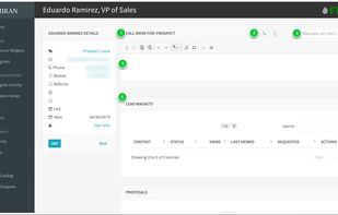 1. Call Mode makes it easy to get through sales calls.
2. Call from your computer (if you have telephony enabled) or access directly from your phone's browser.
3. Manually set the next date based on your conversation, or if you go to voicemail.
4. Skip a contact, for example if it's still too early on the West coast.
5. Enter your notes from the conversation. You'll be able to search them when creating proposals.
6. See past history with this contact, including Lead Magnets, proposals, and past conversations.