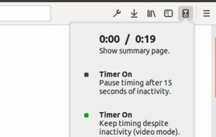 Click the button for a panel that shows both the time spent on the current site today and the total time spent on the web today (h:mm / h:mm).  Use this panel to open the summary page or change the timer mode.
