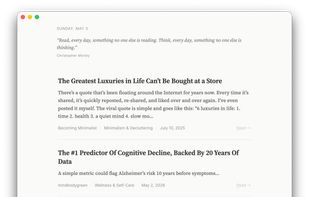 Daily reading view — 3 articles surfaced from across your subscriptions