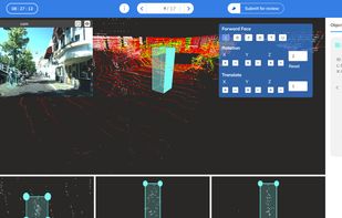 Interface for point cloud annotation on the Mindkosh annotation platform. Label point clouds from a variety of devices including lidar with cuboids and segmentation using intelligent automatic tools. Sensor fusion labeling also supported.