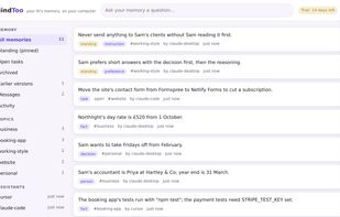 The memory window: everything your assistants have kept, by topic and by assistant (demo data)
