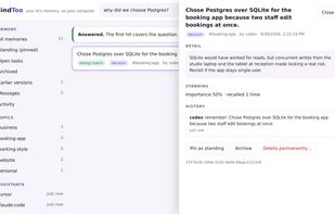 Ask your memory a question and open the answer, with its detail, standing and history (demo data)