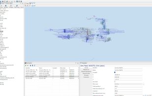 MineTwin’s 3D scenario editor visualizes a complex underground mine network while organizing stopes, ore passes, crushers, conveyors, equipment, schedules, tasks and plans in a structured tree. Detailed property panels support precise model configuration.