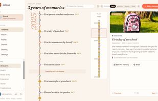 Interactive SVG timeline of your child's memories, zoomable from years down to days, with milestone events, category filters, and a mini-map for quick navigation. 