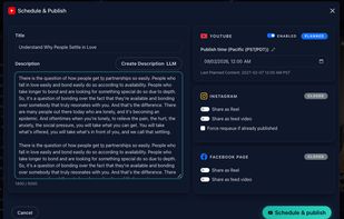 Schedule and publish to YouTube, Instagram, and Facebook from one screen.