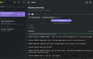 A meeting with its transcript, audio and speaker names — all held on the Mac. Summaries can run on-device through Apple Intelligence, or through an AI provider you connect yourself.