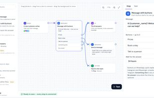 Visual automation builder: waits, AI answers, conditions and hand-over to the team