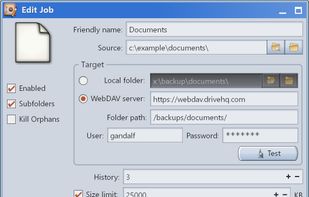 Here you can edit the settings for a backup job.
