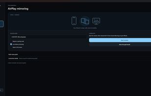 Modern dark-mode AirPlay mirroring interface showing the receiver name, pairing-code option, low-latency mode, fullscreen option, and controls to start the receiver or configure the Windows firewall. The sidebar also provides quick access to Bluetooth speaker mode and connection details.