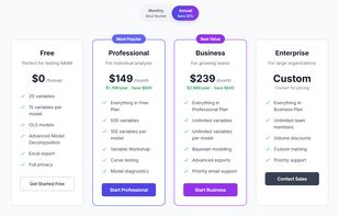 Choose the plan that fits your needs. Free plan includes 20 variables, OLS models, advanced decomposition, and full privacy—perfect for testing MMM. Professional plan ($149/month) offers 500 variables, Variable Workshop, curve testing, and model diagnostics. Business plan ($239/month) provides unlimited variables, Bayesian modeling, advanced exports, and priority support.