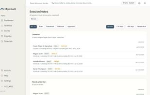 Session notes across the caseload — draft, submitted, and approved statuses with overdue notes surfaced automatically.