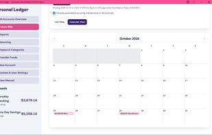 Interactive monthly calendar forecast mapping scheduled recurring bills, anticipated cash flow, and payment due dates.
