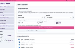 Account reconciliation tool for balancing ledger entries against bank statements or CSV files without linking live bank accounts.