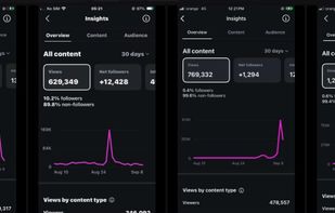Four iPhones live in the browser, showing 30-day Instagram insights