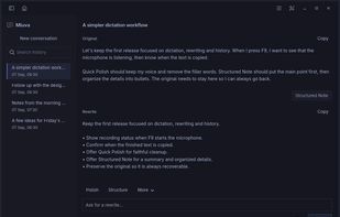 GTK4 conversation workspace with editable original and rewritten text, plus searchable history. Prepared example.