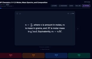 Flashcard mode, showcasing FSRS rating buttons, LaTeX support, and additional features.