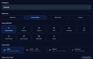 Deck creation/generation page, which shows all the different input methods.