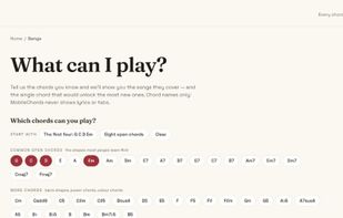 "What can I play?" — pick the chords you know; presets for common open chords, and every chord links to its guitar and piano shapes.